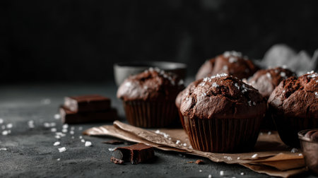 Savor the rich, indulgent flavor of freshly baked chocolate muffins, delicately topped with coarse salt, beautifully presented in a dark setting.の素材