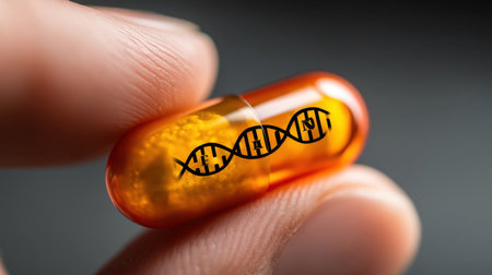 A detailed close-up image showcases a hand holding an orange capsule adorned with a DNA helix symbol, representing health and science.の素材