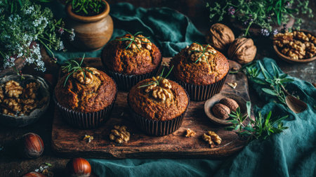 A warm and inviting scene featuring freshly baked muffins topped with nuts and herbs, arranged on a wooden board surrounded by natural ingredients.の素材