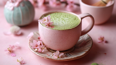 A beautiful matcha latte served in a delicate pink cup, accented with cherry blossoms, creating a serene and inviting spring aesthetic.の素材