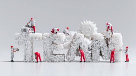 Miniature figures showcase the essence of teamwork as they actively build the word "TEAM" using creative tools and gears, symbolizing collaboration.の素材