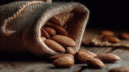 A captivating image of raw almonds pouring from a burlap sack onto a wooden surface, showcasing natural textures and warm tones. Perfect for health and food-related themes.の素材