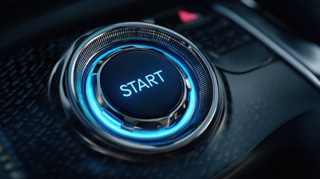 Close-up view of a modern car ignition button showcasing a bright blue light, highlighting advanced technology and elegant design in vehicle interiors.の素材