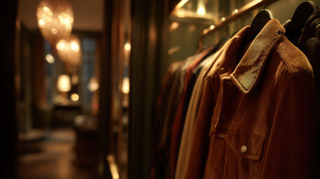 A welcoming boutique interior featuring beautifully displayed clothing on hangers. Elegant lighting creates a cozy atmosphere perfect for fashion enthusiasts.の素材