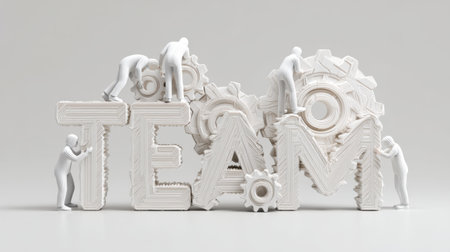 This image represents teamwork with human figures assembling the word TEAM while working with gears, illustrating collaboration and unity in achieving goals.の素材