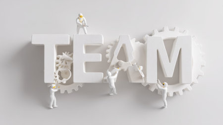 This image showcases a creative teamwork concept featuring miniature figurines collaborating with large letters and gears, symbolizing the power of partnership, strategy, and innovation in achieving collective goals.の素材