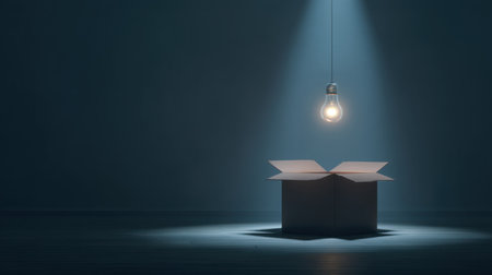 An intriguing scene featuring an open box illuminated by a single hanging light bulb in a dark space. Ideal for themes of mystery and creativity.の素材