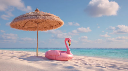 A serene beach scene featuring a pink flamingo float beside a straw umbrella on soft sand, with clear blue water and fluffy clouds, ideal for summer escapes.の素材