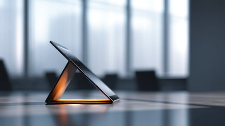 A modern tablet positioned on a sleek stand in a bright office setting, highlighting contemporary design and innovative technology elements.の素材