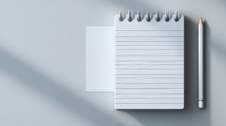 A minimalist notepad placed on a light gray surface alongside a pencil and a blank card, ideal for showcasing creativity and organization.の素材
