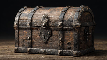 This vintage wooden treasure chest features elegant metal accents and intricate details, perfectly suited for rustic decor or adventure themes.の素材