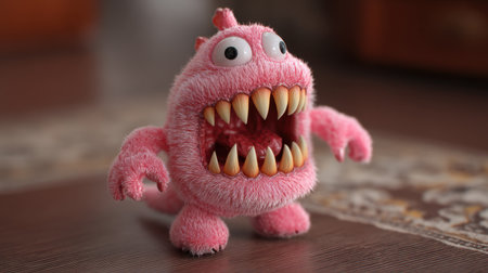 This adorable pink toy monster features oversized teeth and a playful expression, making it a perfect companion for children or playful decor.の素材