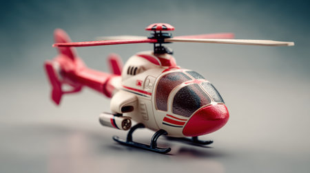 A stunning close-up of a red and white model helicopter displaying intricate details and craftsmanship, perfect for aviation enthusiasts and collectors.の素材