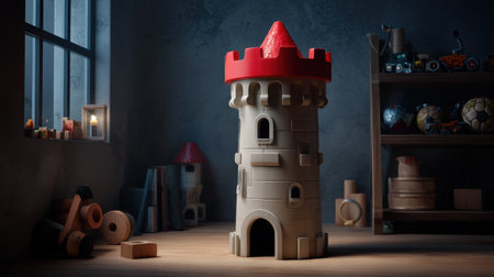 A whimsical toy castle stands in a cozy playroom, surrounded by wooden toys and softly lit by warm light, inviting creativity and imagination.の素材