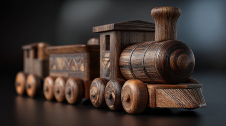 This handcrafted wooden toy train features exquisite detailing and showcases craftsmanship. Perfect for children's play, decoration, or as a unique gift.の素材