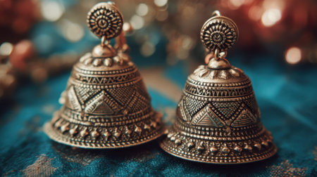A stunning pair of vintage silver earrings featuring intricate patterns, set against a colorful background that highlights their artistic beauty.の素材