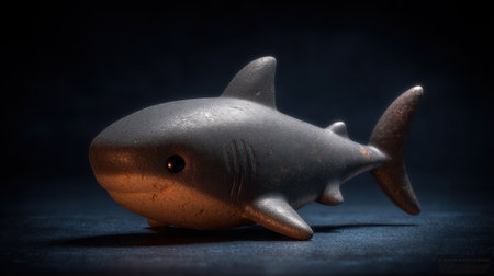 A realistic toy shark model positioned against a dark background, perfect for educational displays or artistic presentations. The detailed design captures the essence of marine life beautifully.の素材