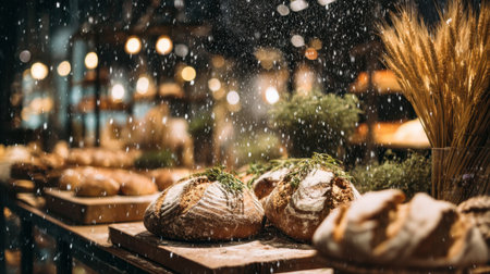 Experience the charm of freshly baked artisan bread nestled on a rustic wooden table, surrounded by warm ambient lights and snowflakes.の素材