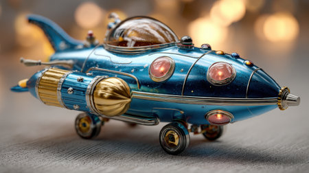 This striking image features a vibrant vintage rocket toy model, capturing the essence of childhood dreams and imaginative adventures. The detailed design and colorful accents enhance its appeal as a nostalgic collectible.の素材