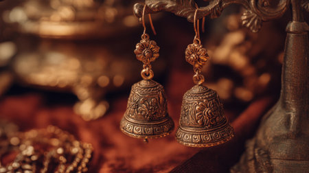 Discover an exquisite pair of vintage earrings featuring intricate floral designs and elegant bells, perfect for enhancing any jewelry collection.の素材
