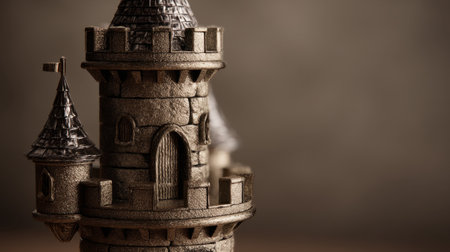 This close-up image showcases a beautifully crafted miniature metallic castle featuring intricate towers and a detailed gateway, perfect for home decoration or artistic display.の素材