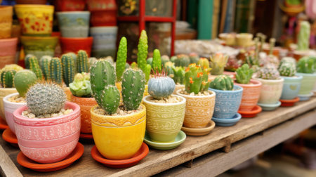 A beautiful collection of vibrant potted cactus plants in various ceramic pots, perfect for adding a touch of nature and color to any space.の素材