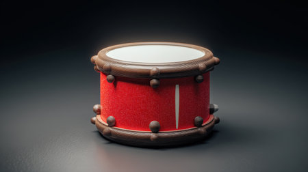 A vintage red drum with rich wood accents rests on a dark surface, highlighting its vibrant color and craftsmanship. Perfect for music projects.の素材