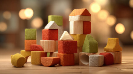 A stunning arrangement of colorful wooden building blocks, showcasing creativity and imagination, perfect for children's play and development.の素材