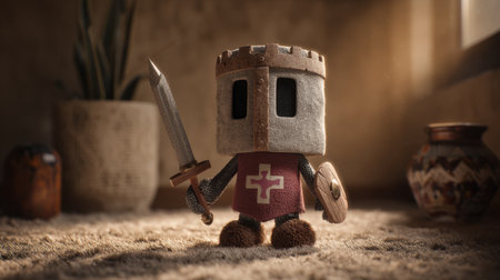 A charming plush knight toy holding a sword and shield showcases creativity and adventure in a warm, rustic interior. Perfect for decor.の素材