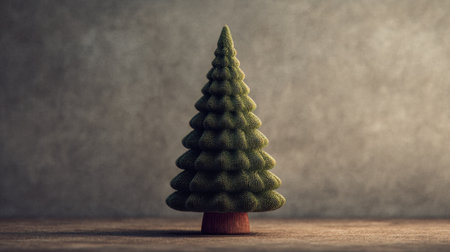 A beautifully crafted miniature green Christmas tree model stands on a wooden surface, set against a softly textured background, perfect for holiday dの素材