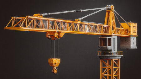 A bright orange construction crane stands tall, showcasing its complex structural design and functionality. Ideal for construction and industrial themes.の素材