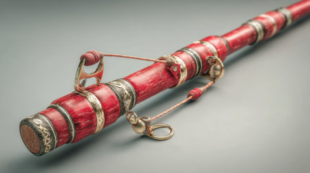 This traditional flute showcases intricate craftsmanship with striking red and gold accents, exemplifying cultural heritage and artistry in music making.の素材