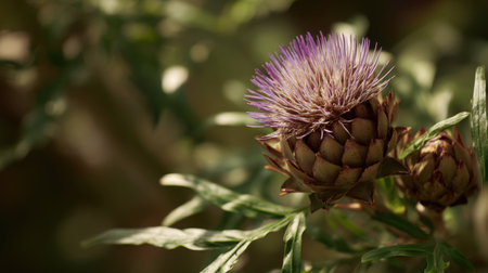 A stunning close-up view of a purple flower bud growing among lush green leaves, capturing the essence of nature's beauty in a soft-focus background.の素材