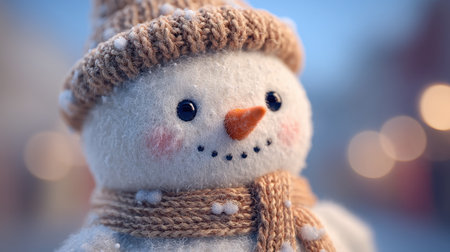 A delightful snowman adorned with a cozy hat and scarf, set against a soft, blurred wintry background filled with gentle lights, evoking holiday joy.の素材