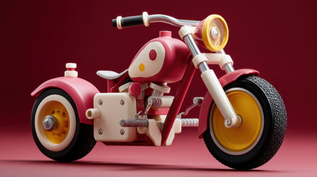 A charming red and yellow toy motorcycle, showcasing vintage design elements. Ideal for kids and collectors, this artistic image emphasizes detail and creativity against a vibrant backdrop.の素材