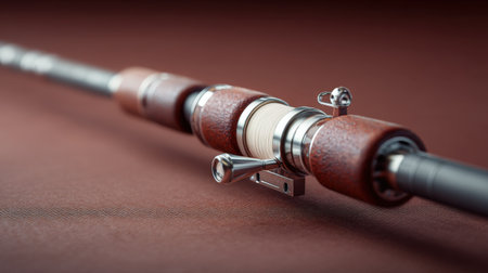 This close-up image showcases a beautifully crafted fishing rod handle, highlighting the blend of texture and metal. Perfect for fishing enthusiasts and designers.の素材