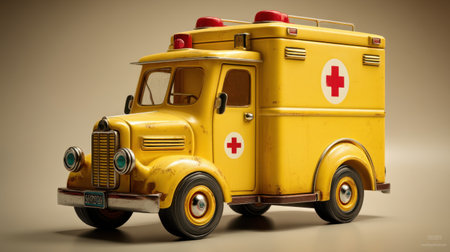 A charming vintage yellow ambulance showcases red cross symbols, ideal for themes around health, emergency services, and creative projects.の素材