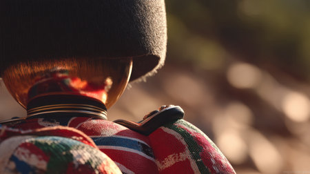 This image captures a close-up view of a traditional uniformed figure set against a natural backdrop, showcasing intricate patterns and rich colors that highlight cultural heritage and artistic craftsmanship.の素材