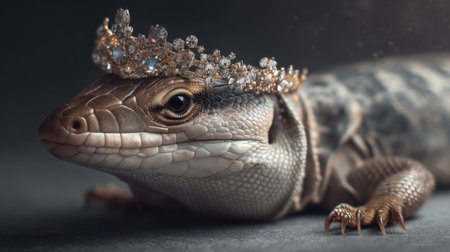 A close-up portrait of a lizard wearing an ornate crown adorned with sparkling jewels, showcasing its beauty and elegance in a serene setting.の素材