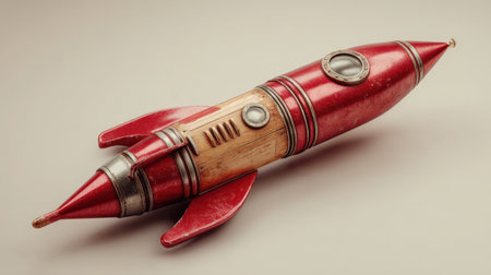 This vintage toy rocket captures the essence of childhood wonder with its vibrant red color and wooden body, ideal for decor or imaginative playtime.の素材