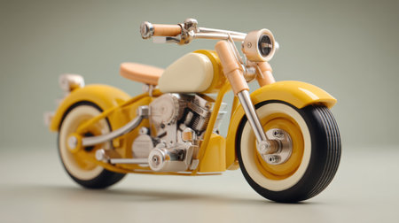 This vibrant yellow miniature motorcycle model features chrome accents and intricate details, perfect for collectors and display enthusiasts.の素材