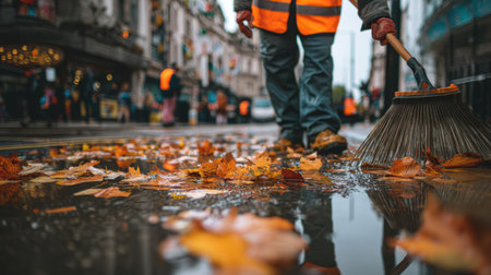 A dedicated street sweeper diligently cleans autumn leaves from a sidewalk, creating reflections in puddles on a rainy day in an urban setting.の素材