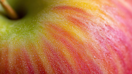 This close-up image captures a vibrant red and green apple, showcasing its natural textures and colors in stunning detail, perfect for healthy food themes.の素材
