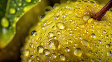 This stunning close-up image showcases a fresh yellow pear adorned with glistening water droplets, surrounded by lush green leaves. Perfect for food-related projects.の素材