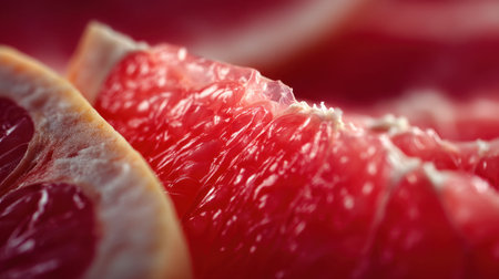 This close-up image captures the vibrant details of juicy red grapefruit slices, showcasing their texture and refreshing colors. Perfect for food and health topics.の素材