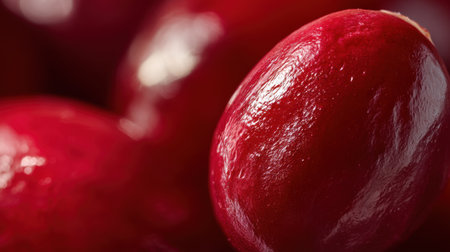 Captivating close-up of fresh red cranberries showcasing their glossy surface and rich color. Perfect for culinary use or healthy eating themes.の素材