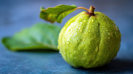 A close-up image of a fresh green guava displaying dew drops on its surface, accompanied by a leaf, evoking a sense of freshness and vitality.の素材