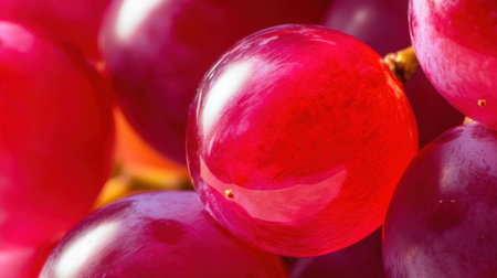 This close-up image captures the exquisite details of fresh red grapes, showcasing the natural beauty and water droplets enhancing their vibrant look. Perfect for food-related projects.の素材