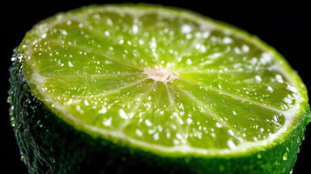 A vibrant slice of fresh green lime shows water droplets on its surface, highlighting its juicy texture against a dark backdrop. Perfect for culinary use.の素材
