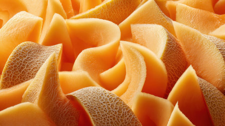 This close-up image showcases the textured surface of freshly cut melon, displaying vibrant orange hues and smooth, wavy patterns.の素材